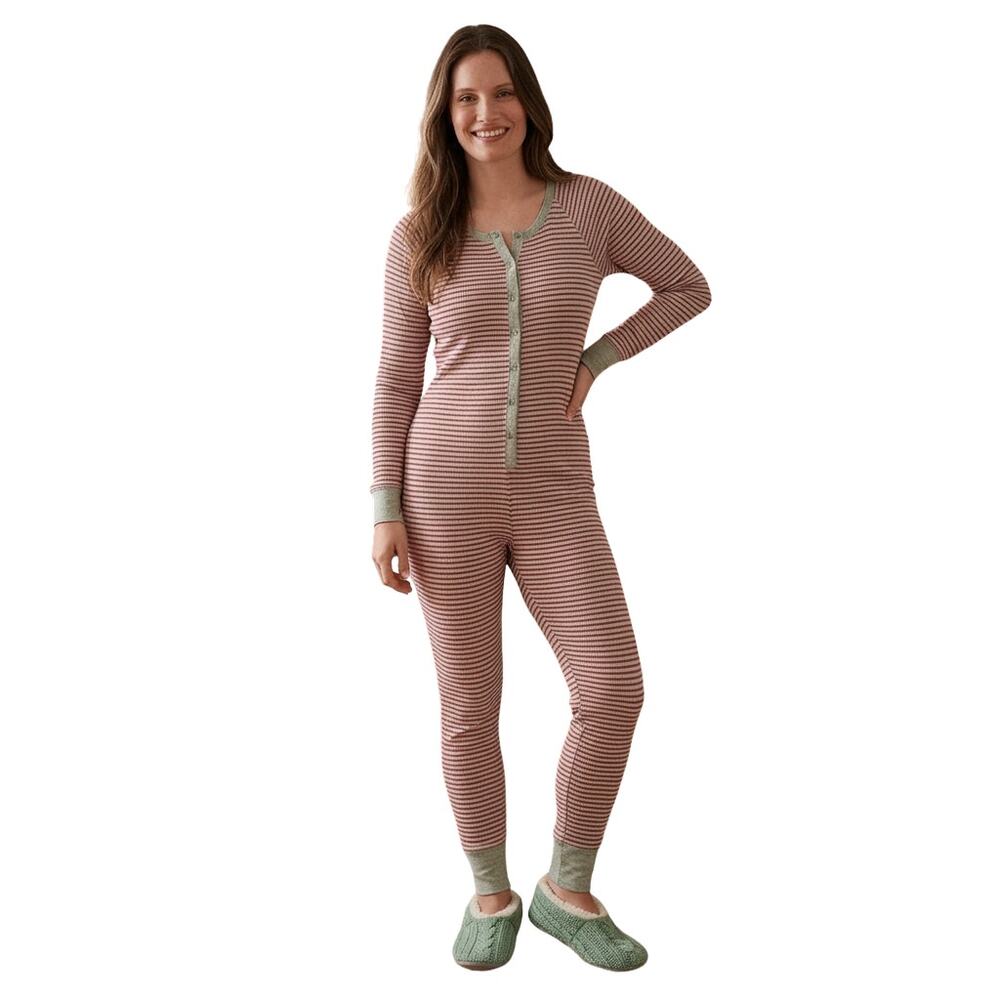 Jockey Red/Beige Ribbed Cotton Waffle Union Suit, S